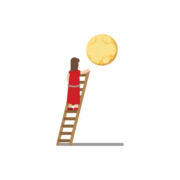 Vector illustration of Illustration of banking concept and money investment, planing a large goal step by step, financial security to reach the moon. Caucasian woman on a ladder.