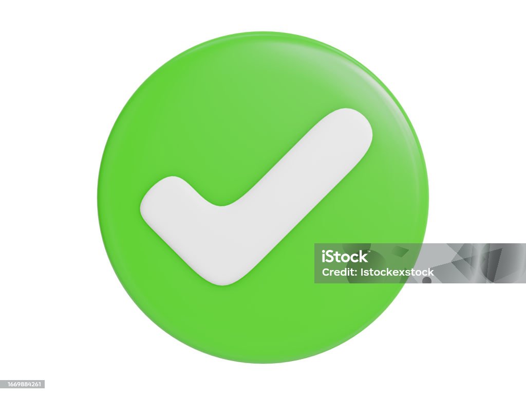 Cartoon Button Icon on White Background, White Checkmark Graphic Agreement Stock Photo
