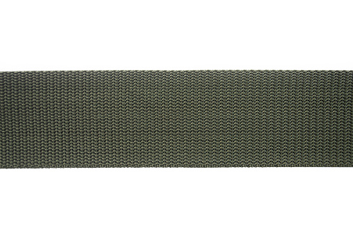 Close up olive green nylon fastening belt, strap isolated on white background.
