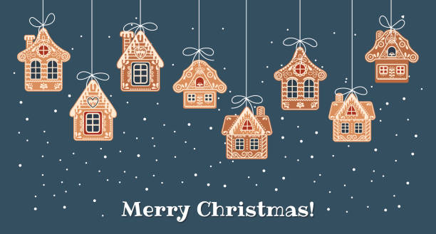 Christmas background with hanging cute gingerbread houses in the snow, greeting card template. Illustration in flat style. Christmas background with hanging cute gingerbread houses in the snow, greeting card template. Illustration in flat style. Vector gingerbread house stock illustrations