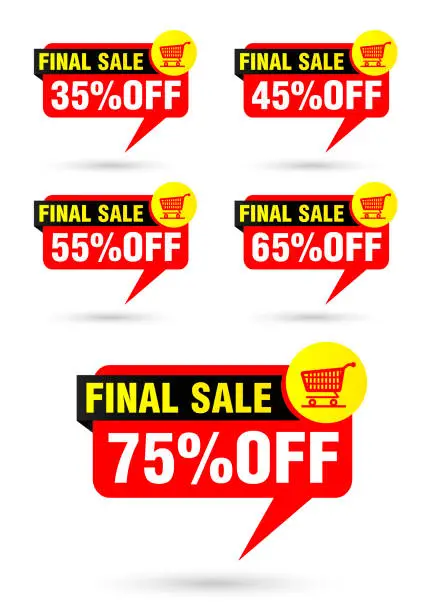 Vector illustration of Red speech bubble set. Final sale 35%, 45%, 55%, 65%, 75% off discount