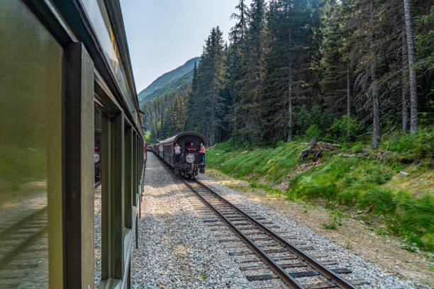 Skagway, Alaska - July 30, 2023: Tourists are enjoying the view from train. White Pass Summit excursion tour train, Alaska, USA.