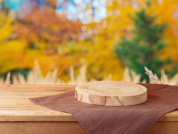istock Empty wooden log on table with tablecloth over beautiful fall garden bokeh background.  Autumn mock up for design and product display 1669923052