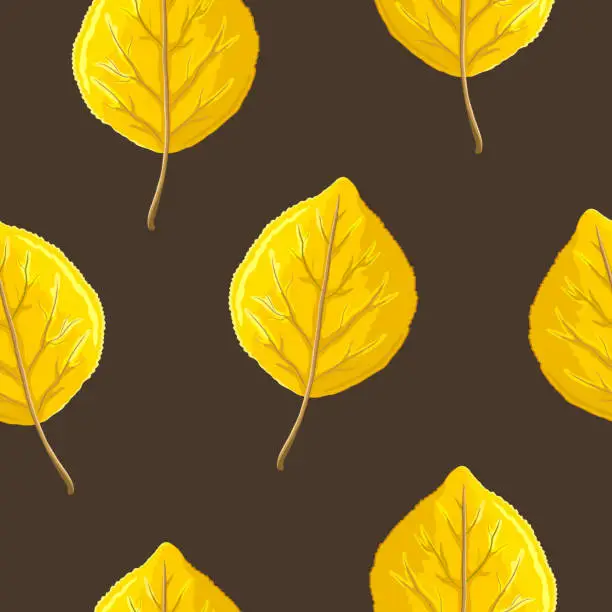 Vector illustration of Autumn bright yellow or orange realistic poplar leaves on a brown background. Seamless pattern. Printing on fabric, packaging and paper. Bright pattern. Nature and flora. Vector illustration.