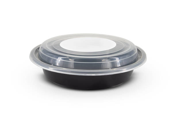 istock Black plastic food containers with transparent lid and white cardboard label 1670023414