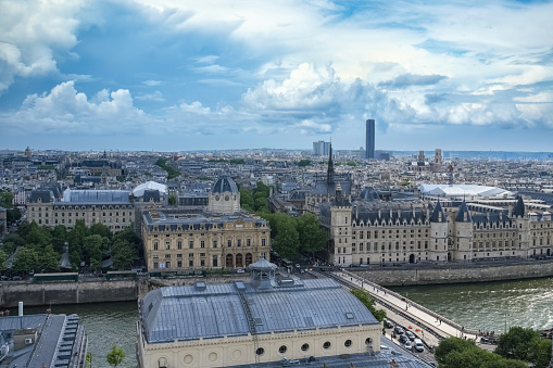 Paris, the Notre-Dame bridge, and the Conciergerie on the ile de la Cité