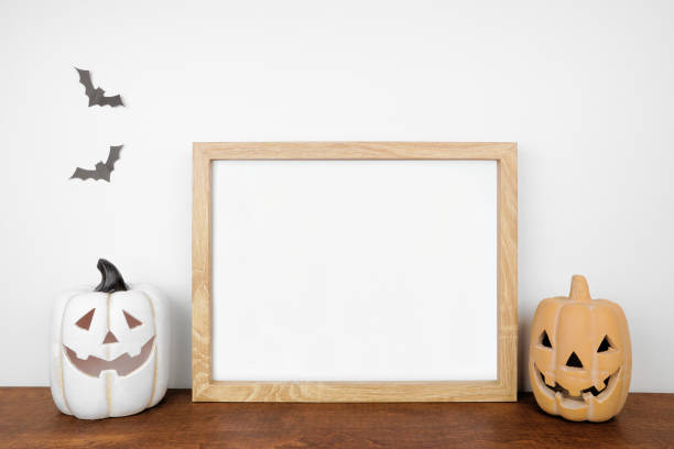 istock Halloween mock up wooden frame on a wood shelf with jack o lantern decor 1670043401