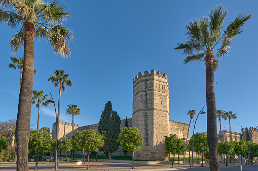 View of the Alcazar de Jerez fortress of the 11th century of Islamic origin in the town of Jerez de la Frontera, Costa de la Luz, province of Cadiz, Andalusia, Spain