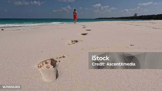 istock Woman discovers white sand beach and sea 1670055302