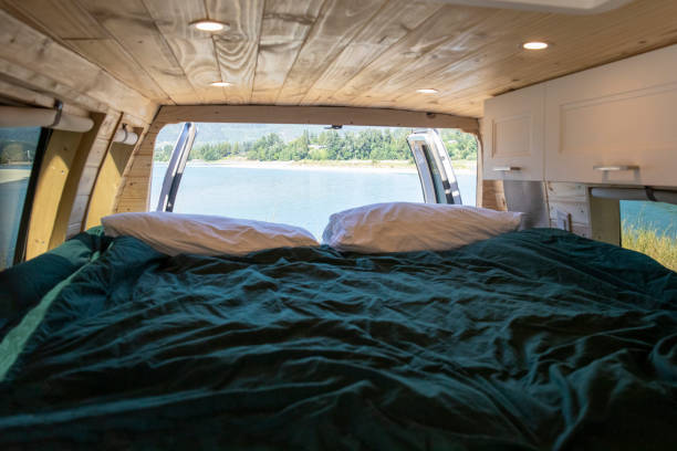 istock View past bed and camper van doors to lake 1670062202