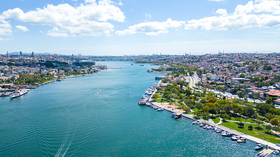 Aerial view of the Golden Horn and Istanbul city on a sunny day in Istanbul, Turkey.
