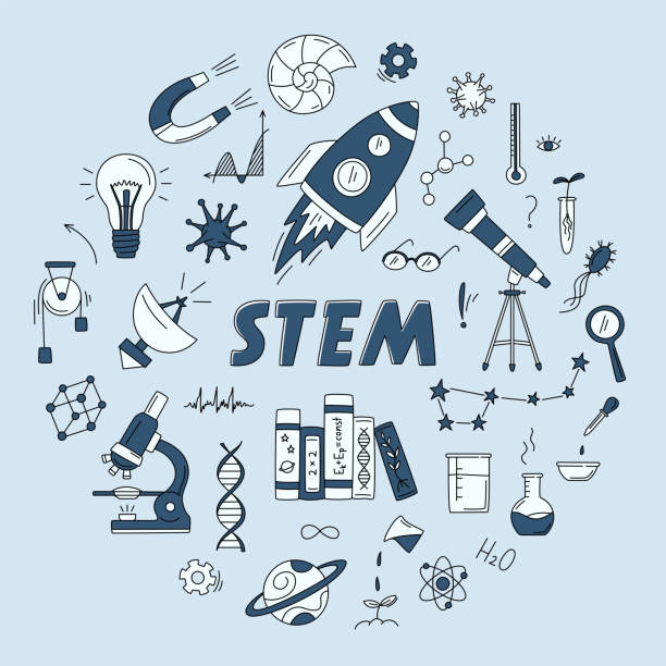 ilustrações de stock, clip art, desenhos animados e ícones de stem doodle set in circle with rocket, constellation, telescope, microscope, flask, books, dna, magnet, planet, radio telescope in doodle style. vector monochrome line art sketch - stem assunto