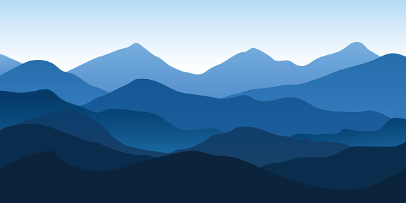 Vector illustration of blue mountain landscape design background, silhouettes, view, flat design