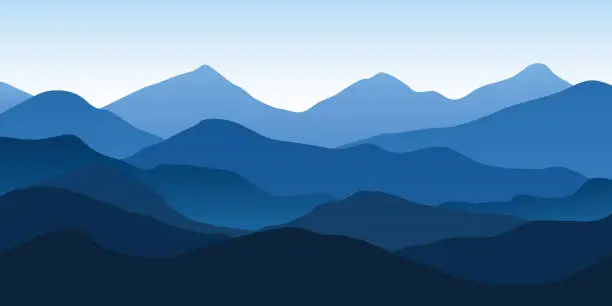 Vector illustration of Vector illustration of blue mountain landscape design background, silhouettes, view, flat design