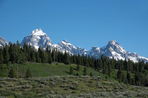 View across prairie of the Teton range in Wyoming of western USA in North America.