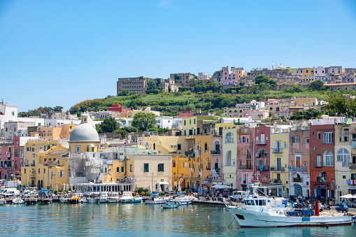At Procida, Italy, On 07, 31, 2023, Marina Grande, the main port of the enchanting island of Procida,