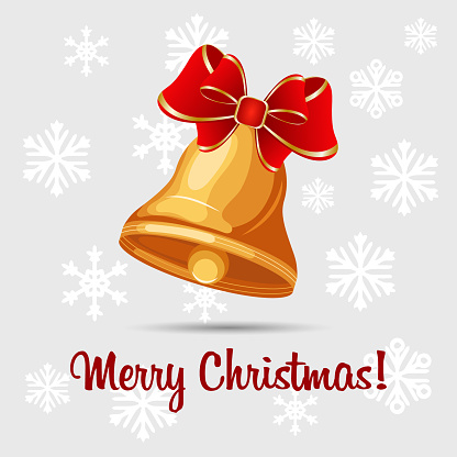 Christmas card with a golden jingle bell, a red bow and a congratulatory text on the background of snowflakes. Print, poster, vector