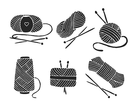 Set of icons on the theme of Knitting, hand-drawn skeins, balls of thread and knitting needles. Black outline on white background