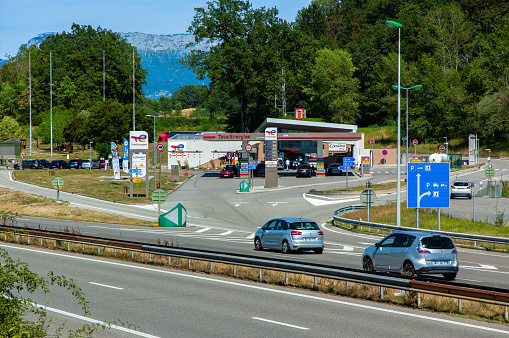 Annecy, France - March 2, 2023: Service station Total Energies at Aire de la Ripaille along A41 in Annecy, Savoie