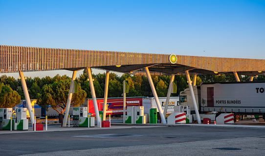 Fabregues, France - July 31, 2023 - Service area and gas station of BP company of Aire de Mornas-Village along the A7 highway