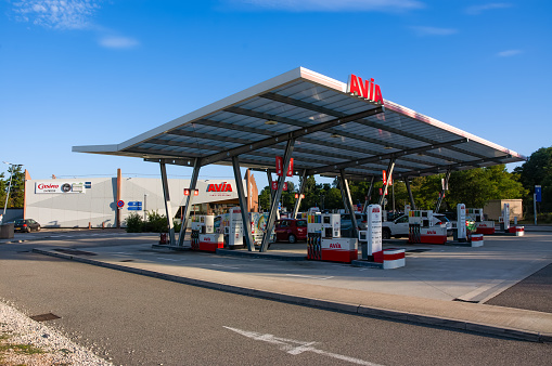 Valence, France - July 30, 2023: Service area and AVIA gas station Aire de Portes les Valence along the A7 highway in France