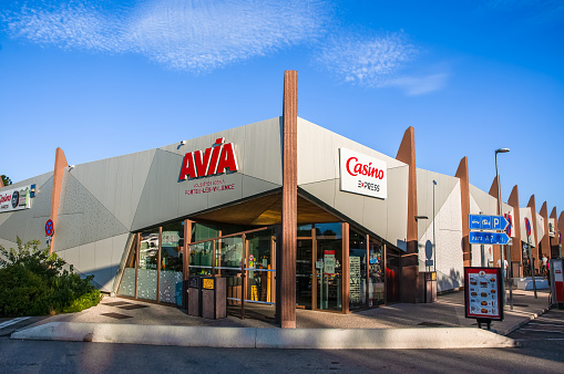 Valence, France - July 30, 2023: Service area and AVIA gas station Aire de Portes les Valence along the A7 highway in France