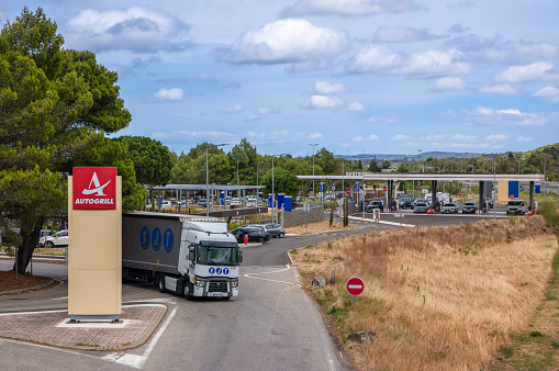 Capendu, France - July 31, 2023: Service area Aire des Corbieres Nord with Autogrill restaurant along the A9 highway in France