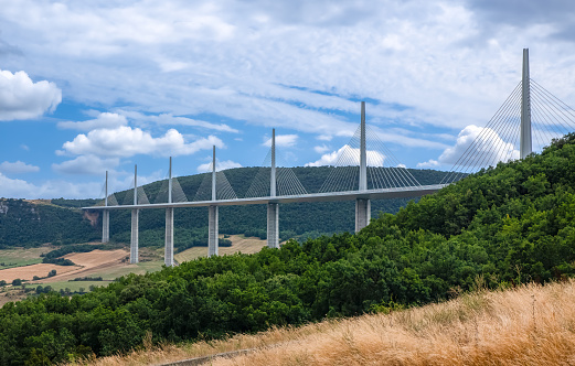 Millau, France - August 2, 2023: The spectacular modern Millau Viaduct in South France