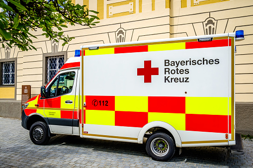 Kempten, Germany - May 20: typical german ambulance car at the old town of Kempten on May 20, 2023