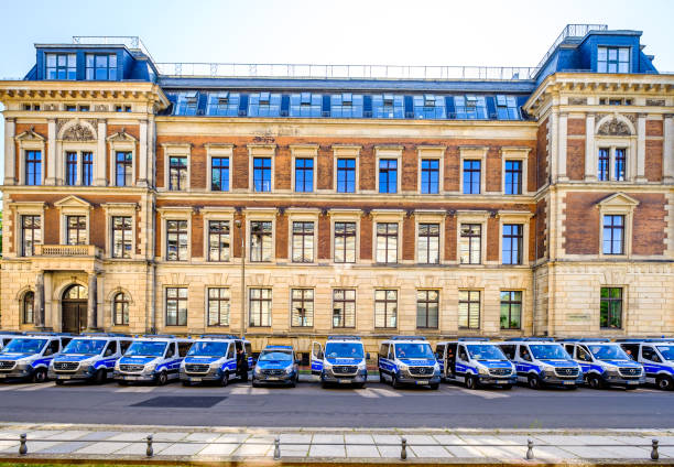 Leipzig, Germany - June 3: typical german police car at the old town of Leipzig on June 3, 2023