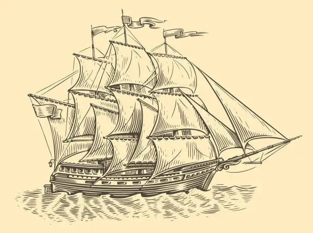 Vector illustration of Sailing ship sketch. Old sailboat sails on the sea waves in vintage engraving style. Vector illustration