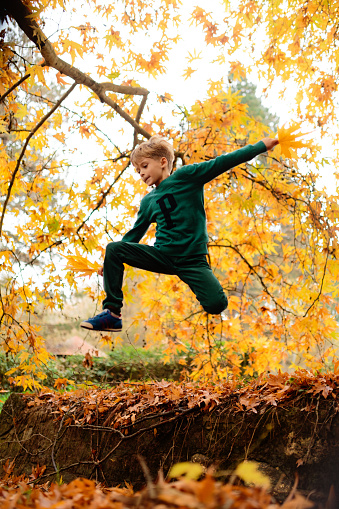 Image of beautiful boy jumping in the pile of autumn leaves, shallow depth of field
