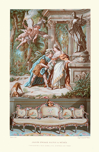 Vintage illustration of Jason Committing his faith to Medea, Tapestry of the Gobelins, after Troy, 18th Century French art. Jason Engager sa foi à Médée, Tapisserie des Gobelins , d'apres de Troy