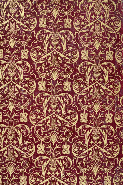 Ornate gold pattern on a maroon background, 18th Century French vector art illustration