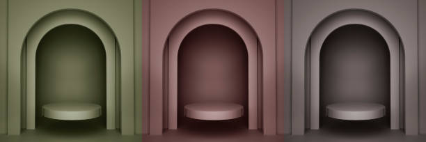 render 3d makieta produktu wyświetlacz arch podium stand. zielona oliwka, szałwia, różowy, brązowy, szary tło. blady pastelowy zgaszony kolor. - abstract alloy backdrop backgrounds stock illustrations