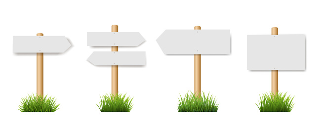 Wooden Signs With Grass Set Isolated White Background With Gradient Mesh, Vector Illustration