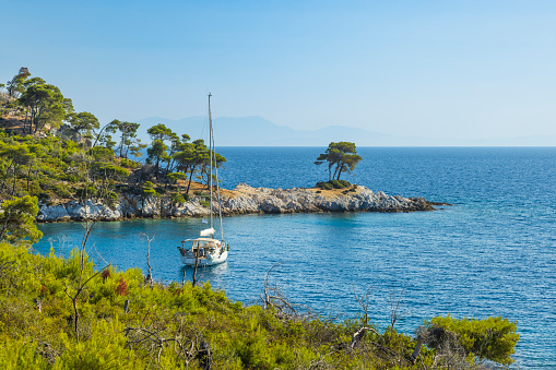 Sailboat at Amarandos cove Three trees (Mamma Mia!), Skopelos island, Sporades, Greece at sunset.