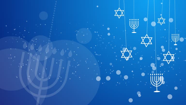 White animated graphic icons symbols of Judaism on blue abstract background. Star of david and menorah jewish symbols. Looped motion graphics.