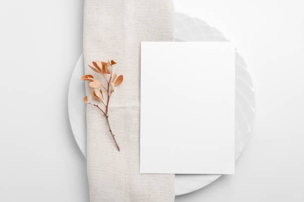Blank menu card template on plate Minimalist neutral wedding menu mockup, Simple boho wedding stationery mockup floral menu card stock pictures, royalty-free photos & images