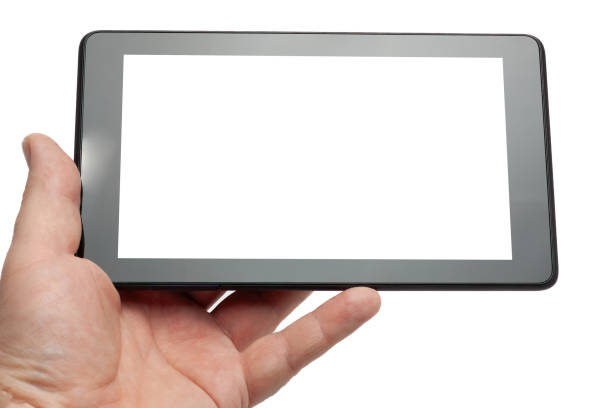 Man hand showing tablet with blank screen, white background.