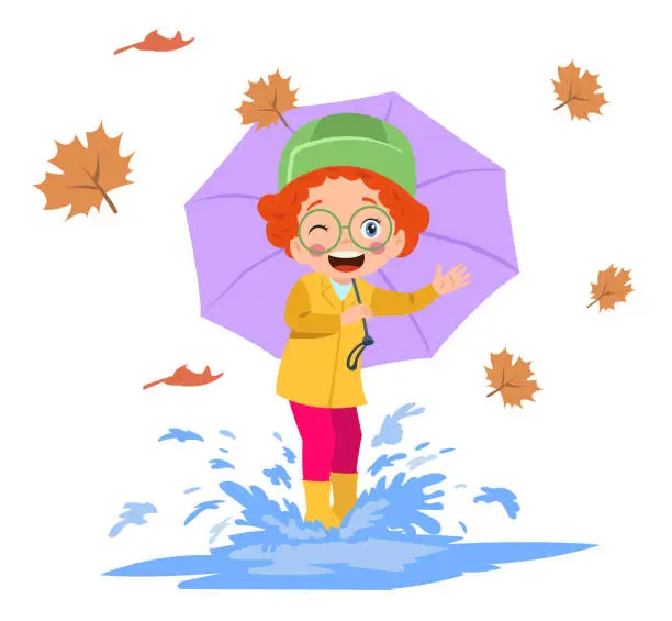 Vector illustration of cute boy wearing a raincoat holding an umbrella