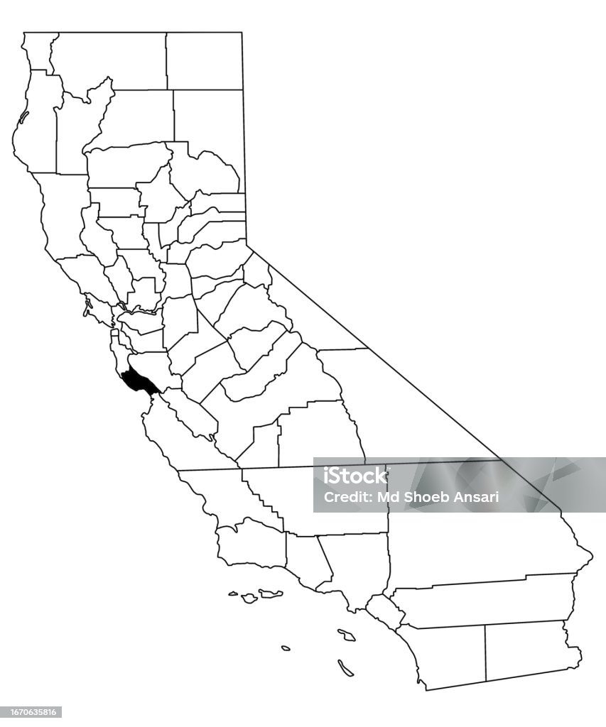 白い背景にカリフォルニア州サンタクルーズ郡の地図カリフォルニアの地図上で黒い色で強調表示された単一の郡の地図アメリカ合衆国米国 アメリカ