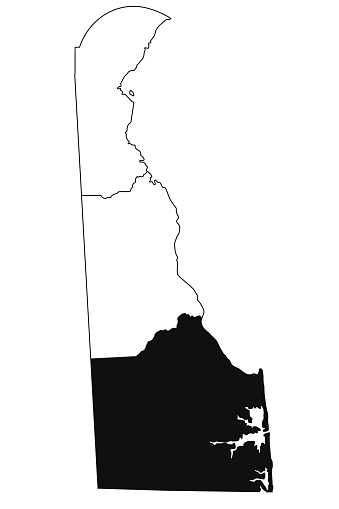 Map of Sussex County in Delaware state on white background. single County map highlighted by black colour on Delaware map. UNITED STATES, US