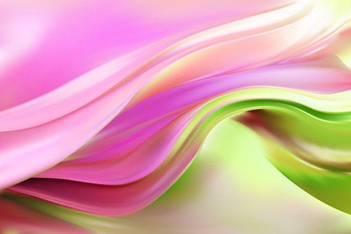Pink and green iridescent opalescent liquid with horizontal waves. Delicate abstract wavy backgraund in colours of magnolia spring flowers. Vector illustration with gradient mesh. Trendy wallpaper