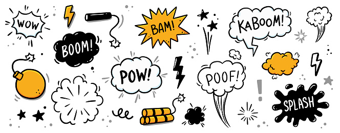 Comic bomb boom vector element. Hand drawn cartoon explosion bomb effect, splash, exclamation smoke element. Doodle hand drawn text boom, pow, wow. Vector illustration.
