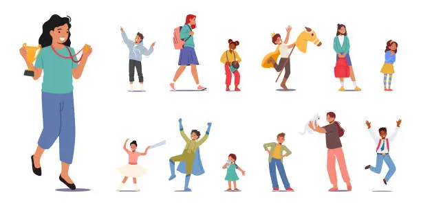 Vector illustration of Set of Children. Girls and Boys Characters Win Competition with Cup and Medal, Dance Ballet, Walk to School, Play