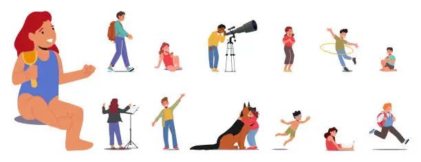 Vector illustration of Set of Children Walk to School, Play on Beach, Eat Ice Cream. Girls and Boys Look in Telescope, Conductor