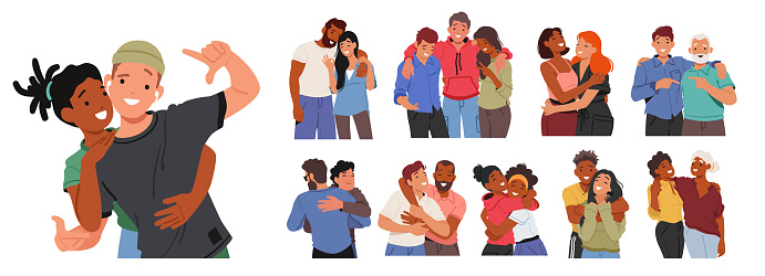 Set of Male and Female Characters Embrace, A Friendly Hug Communicates Affection, Support, And Connection, Fostering Positive Relationships And A Sense Of Belonging. Cartoon People Vector Illustration