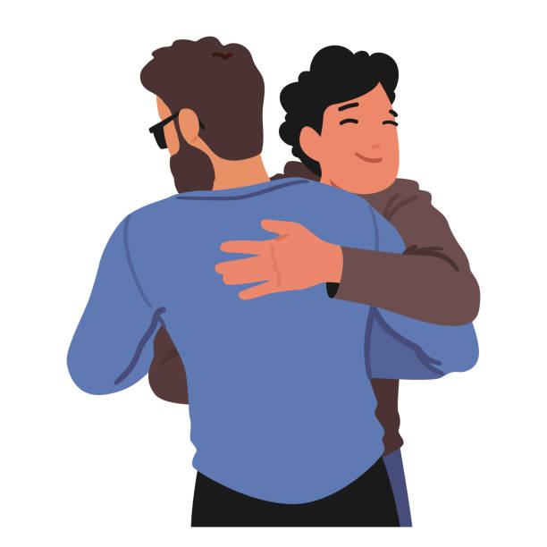 ilustrações de stock, clip art, desenhos animados e ícones de adult men friendly hug, warm embrace that conveys camaraderie and respect. happy male characters friendly embrace - acariciar