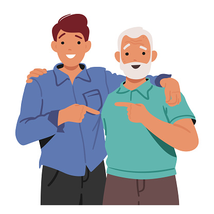 Warm Embrace Shared Between Youthful And Elderly Men, Transcending Age Through Genuine Connection And Friendship. Son and Father or Grandfather Characters Friendly Hug. Cartoon Vector Illustration
